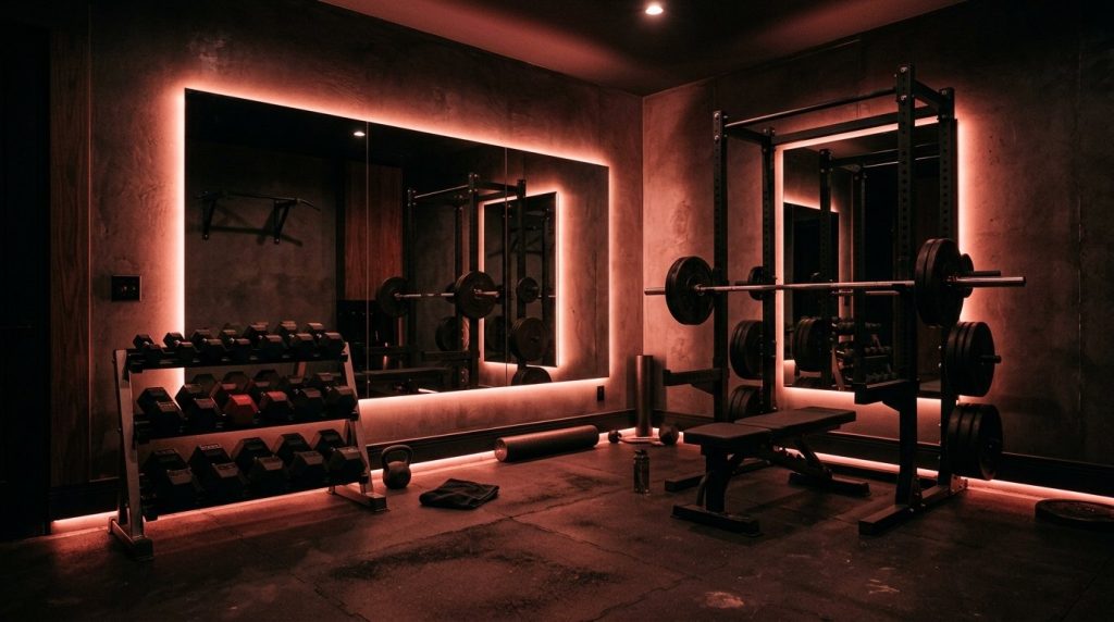 A clean and organized modern home gym featuring professional weight equipment and bright, minimal interior design.