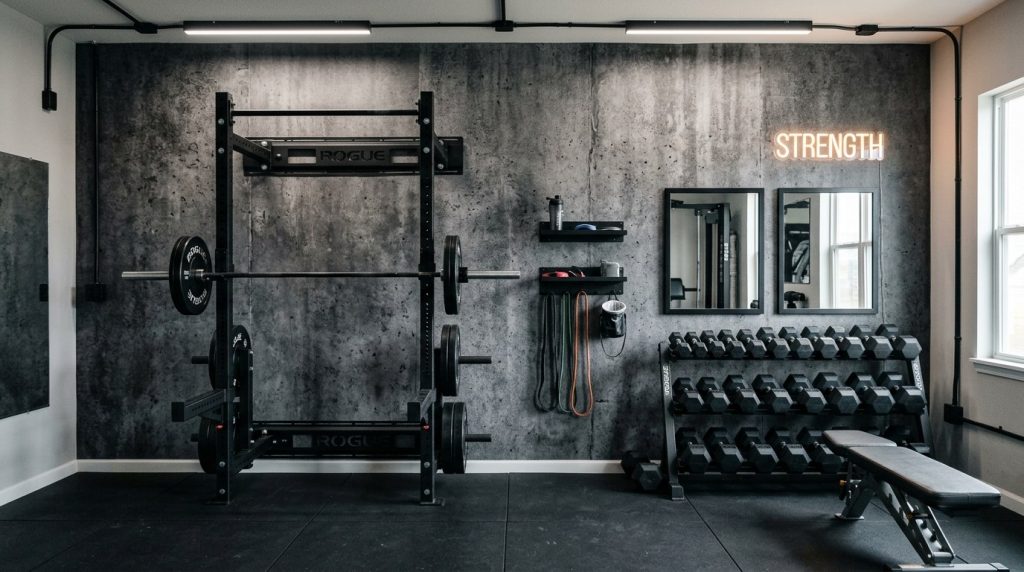 Modern home gym featuring a Rogue power rack, tiered dumbbell storage, weight bench, and a neon 'STRENGTH' sign.