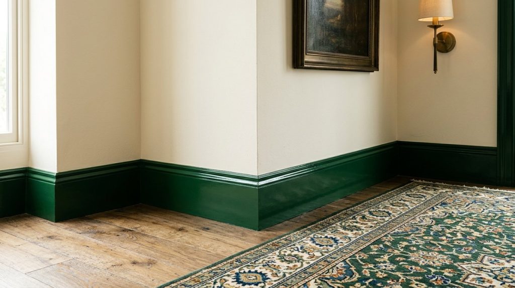 Close up view of contemporary home interior with stylish green painted wooden skirting boards.