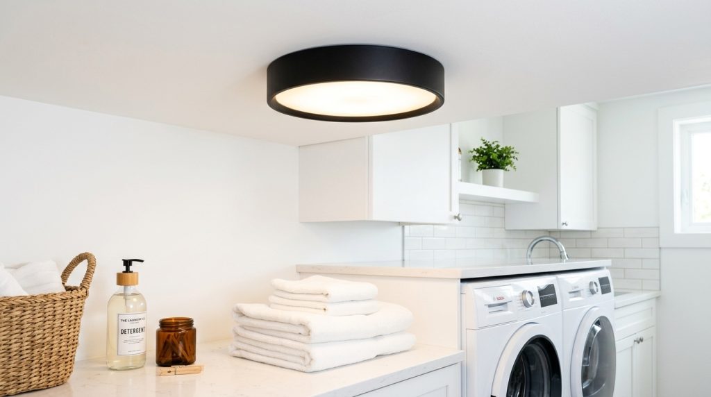 A modern white laundry room featuring a sleek black flush-mount ceiling light, white cabinetry, and folded towels.