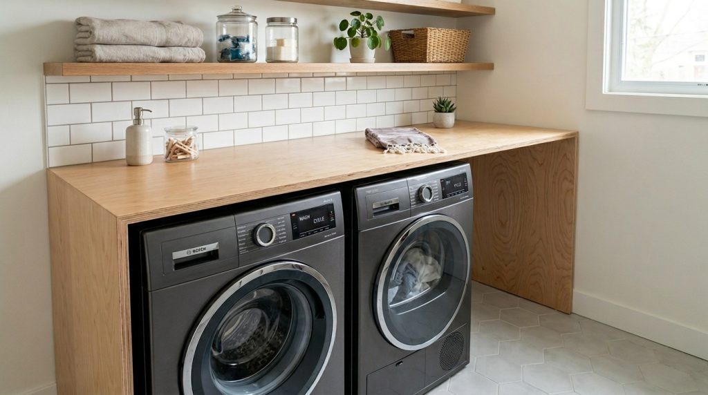 Modern laundry room with dark grey appliances under a light wood counter, white subway tiles, and minimalist wooden shelves.