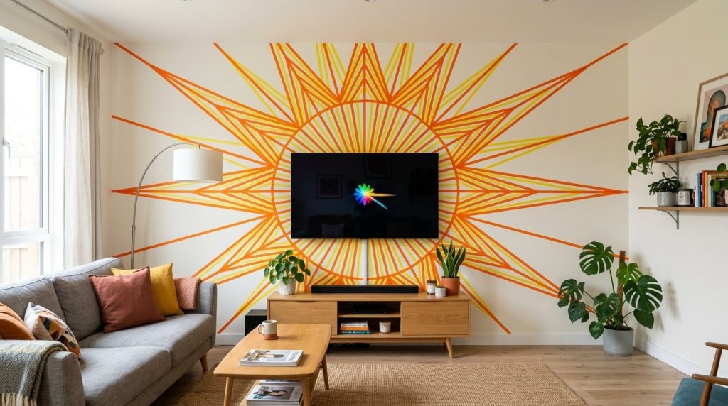 A stylishly decorated living room wall featuring contemporary home decor and accent textures.