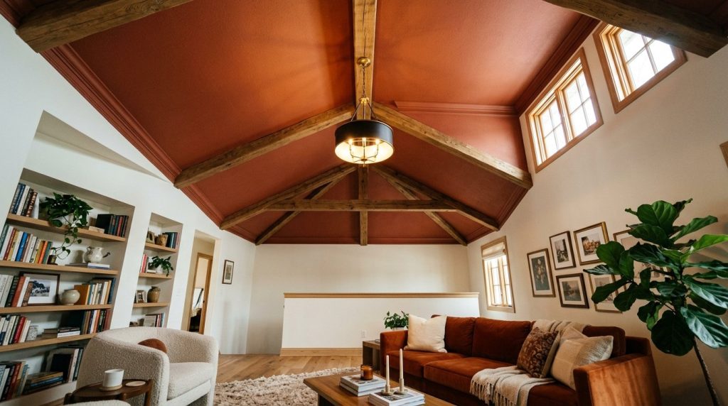 Modern living room ceiling with recessed lighting and contemporary architectural design.