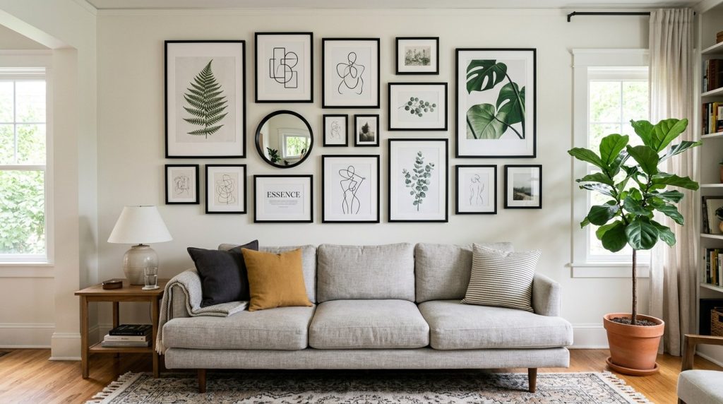 Stylish living room with a grey sofa, complex gallery wall of framed art, and a tall fiddle leaf fig plant near a window.