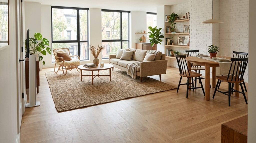 Modern open-plan living and dining room with light wood floors, a jute rug, tan sofa, and black spindle chairs.