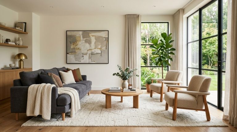Modern living room with a dark grey sofa, cream bouclé armchairs, wooden coffee table, and large black-framed windows.