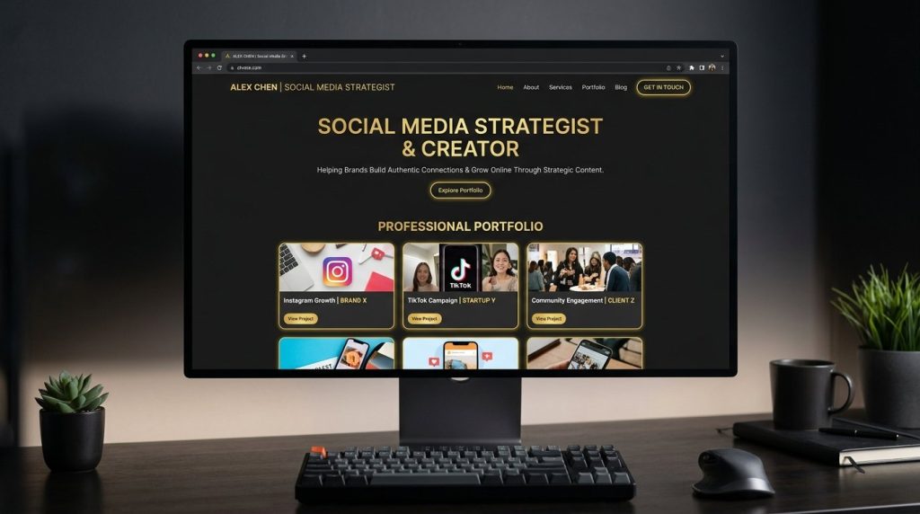 A sleek, modern website design interface displayed on a professional workstation.
