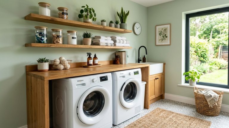Stylish laundry room with sage green walls, wood accents, white front-load machines, and a large window facing a garden