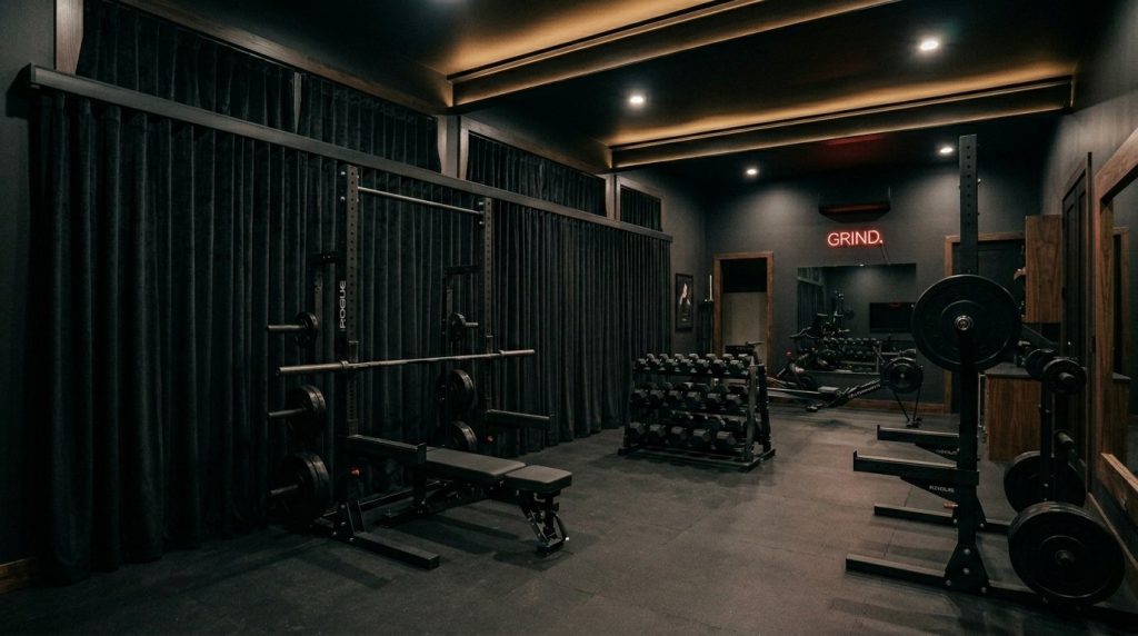 A dark, atmospheric home gym with professional fitness equipment and moody interior lighting.