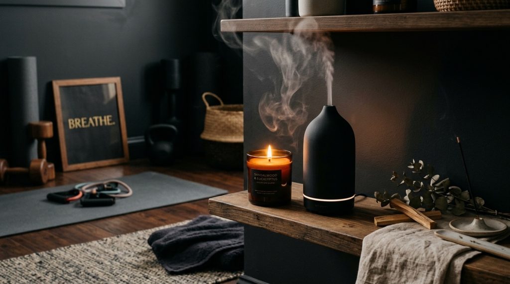 Moody wellness space featuring a black oil diffuser emitting steam, a lit candle, and yoga equipment in the background.