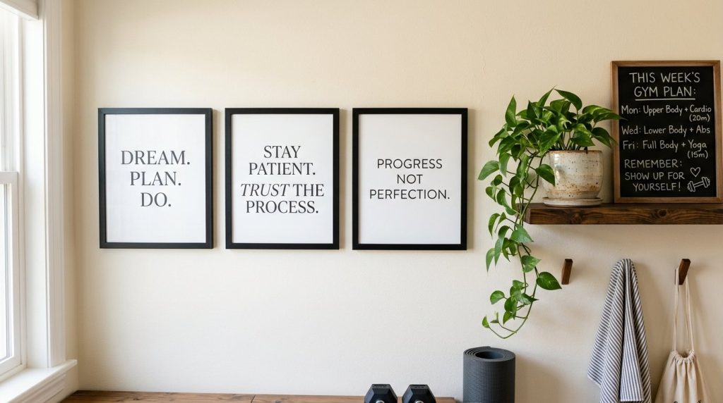 A close-up view of an office wall featuring motivational quotes and a 2026 project planning calendar.