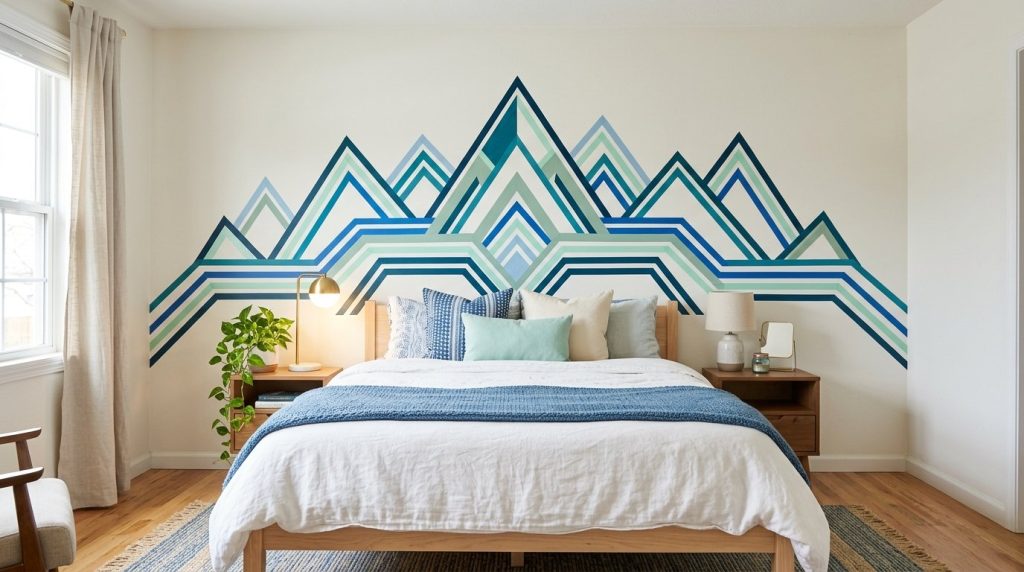 A stylized mountain range wall mural inside a cozy, modern bedroom interior.