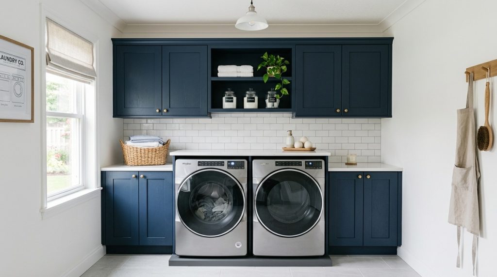 Elegant laundry room with navy blue cabinetry, stainless steel washer and dryer, and a white subway tile backsplash.