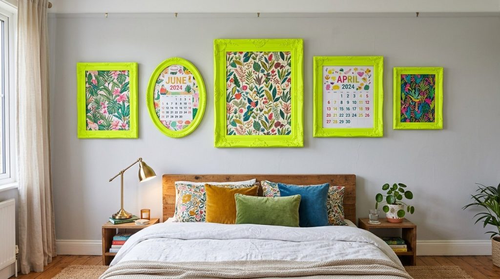 Colorful bedroom featuring five bright neon green picture frames with calendars and floral prints above a wooden headboard.