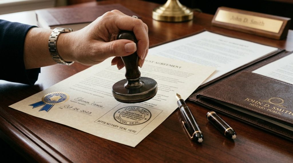 Close up photo of an official notary public ink stamp marking a document date.