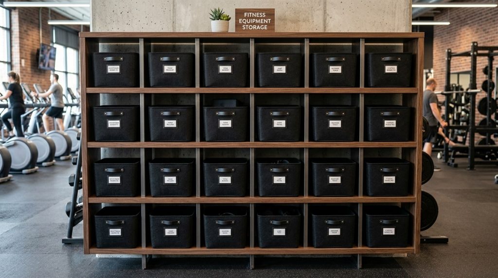 A large wooden shelf with organized black storage bins for gym equipment, positioned between workout areas.