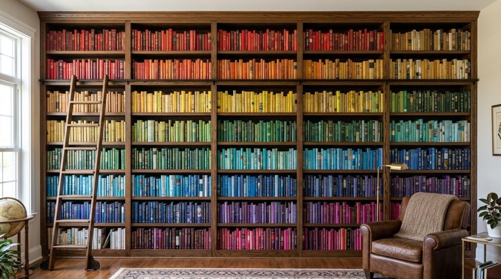 A neat bookshelf arranged with carefully organized books and decor pieces.