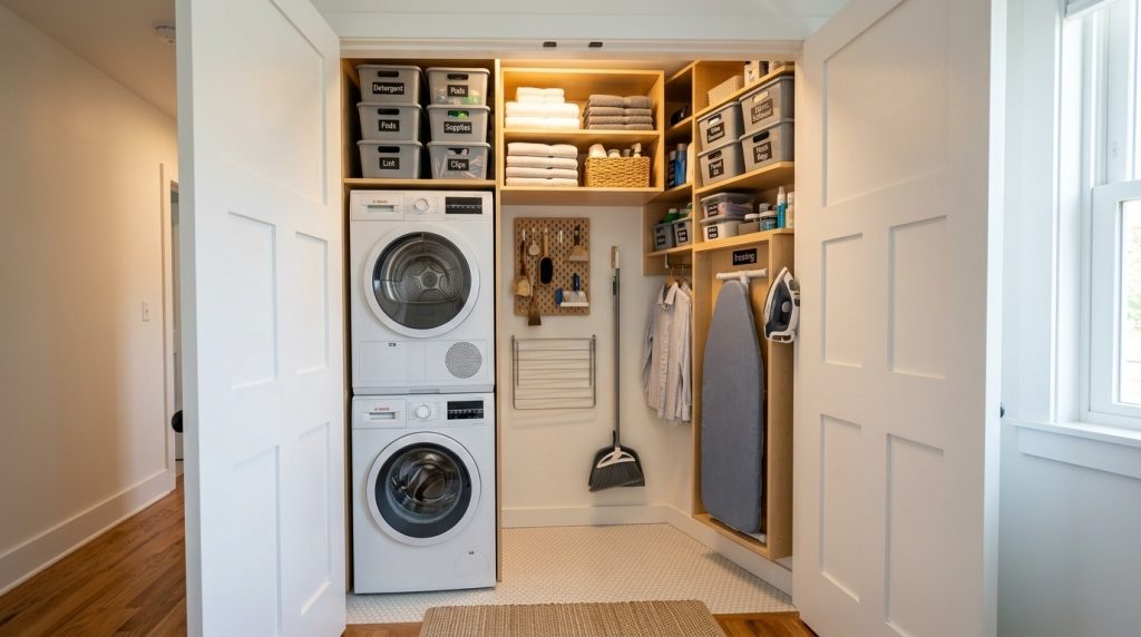 A well-organized laundry closet featuring a stacked washer and dryer, wooden shelving, and a built-in ironing board.