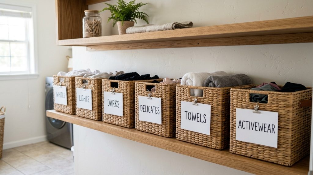 Six labeled wicker laundry baskets sit on a wooden shelf in a bright, organized room for sorting clothes by type.