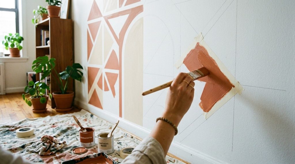 Hand painting a geometric mural on a white wall using terracotta paint, surrounded by house plants and art supplies.