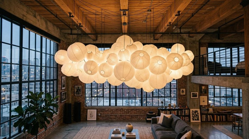 A massive cluster of glowing white paper lanterns hangs in an industrial loft, resembling a cloud above city views.