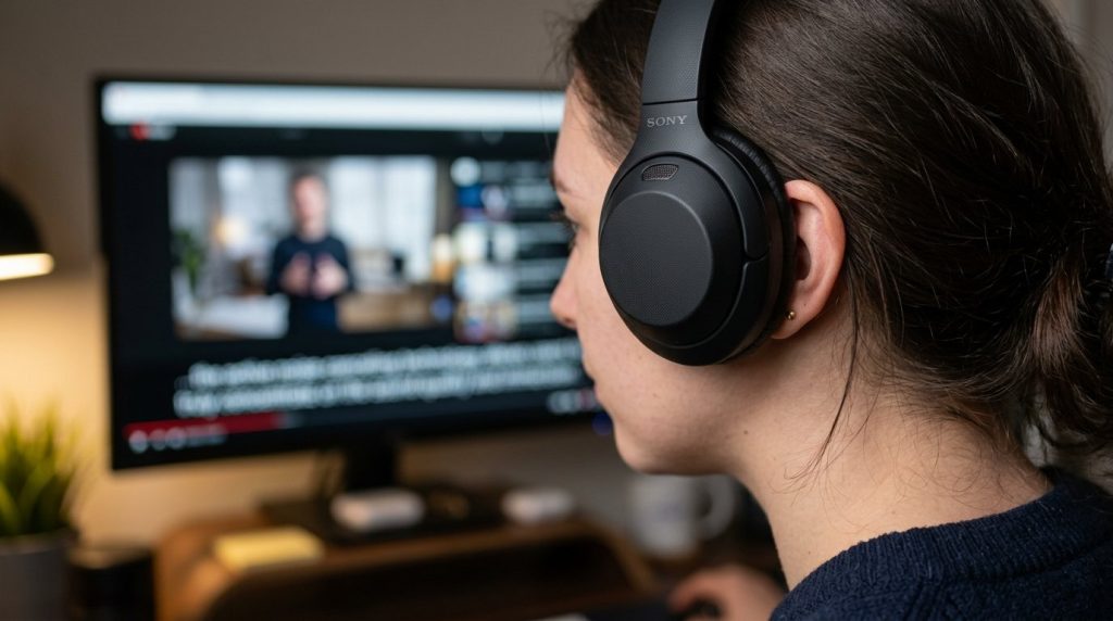 A person comfortably wearing high-quality noise canceling headphones for focus.