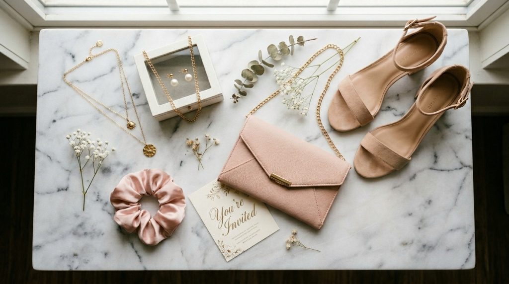 Elegant flat lay of pink sandals, a clutch bag, gold jewelry, and an invitation on a marble tabletop with dried flowers.