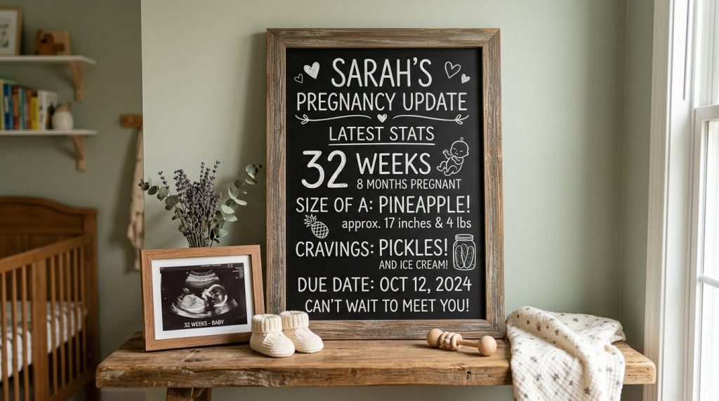 A stylized chalkboard displaying a personal pregnancy update announcement.