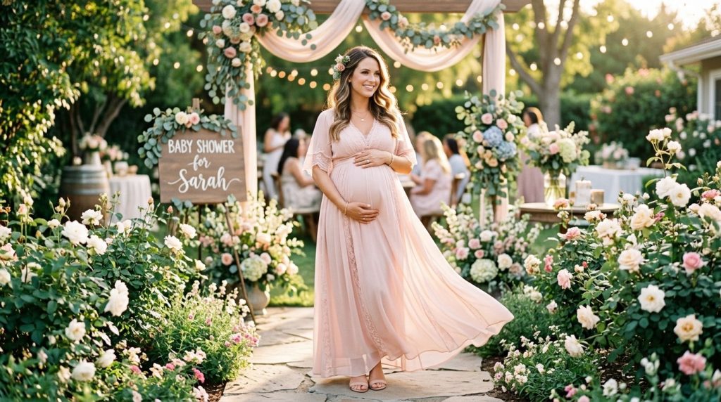 A beautiful pregnant woman posing gracefully during her maternity photoshoot.