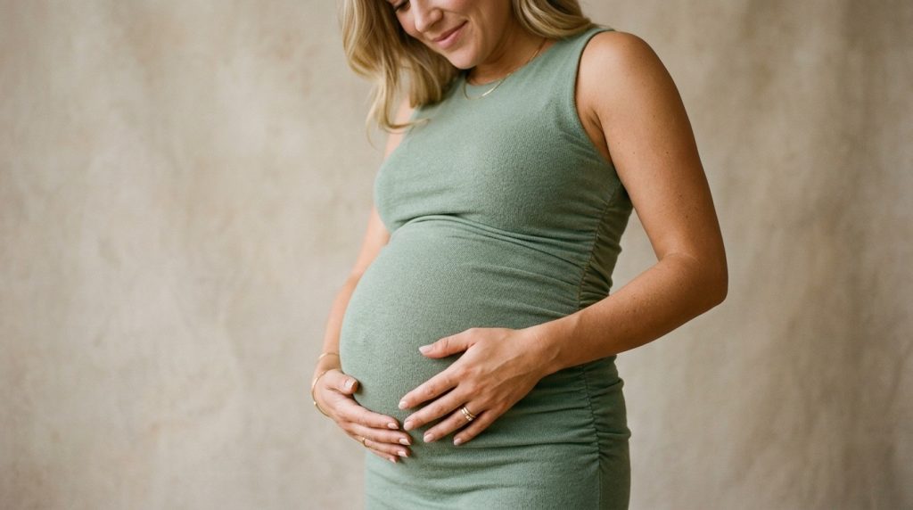 A pregnant woman in a green ribbed dress lovingly cradles her baby bump against a neutral textured background.