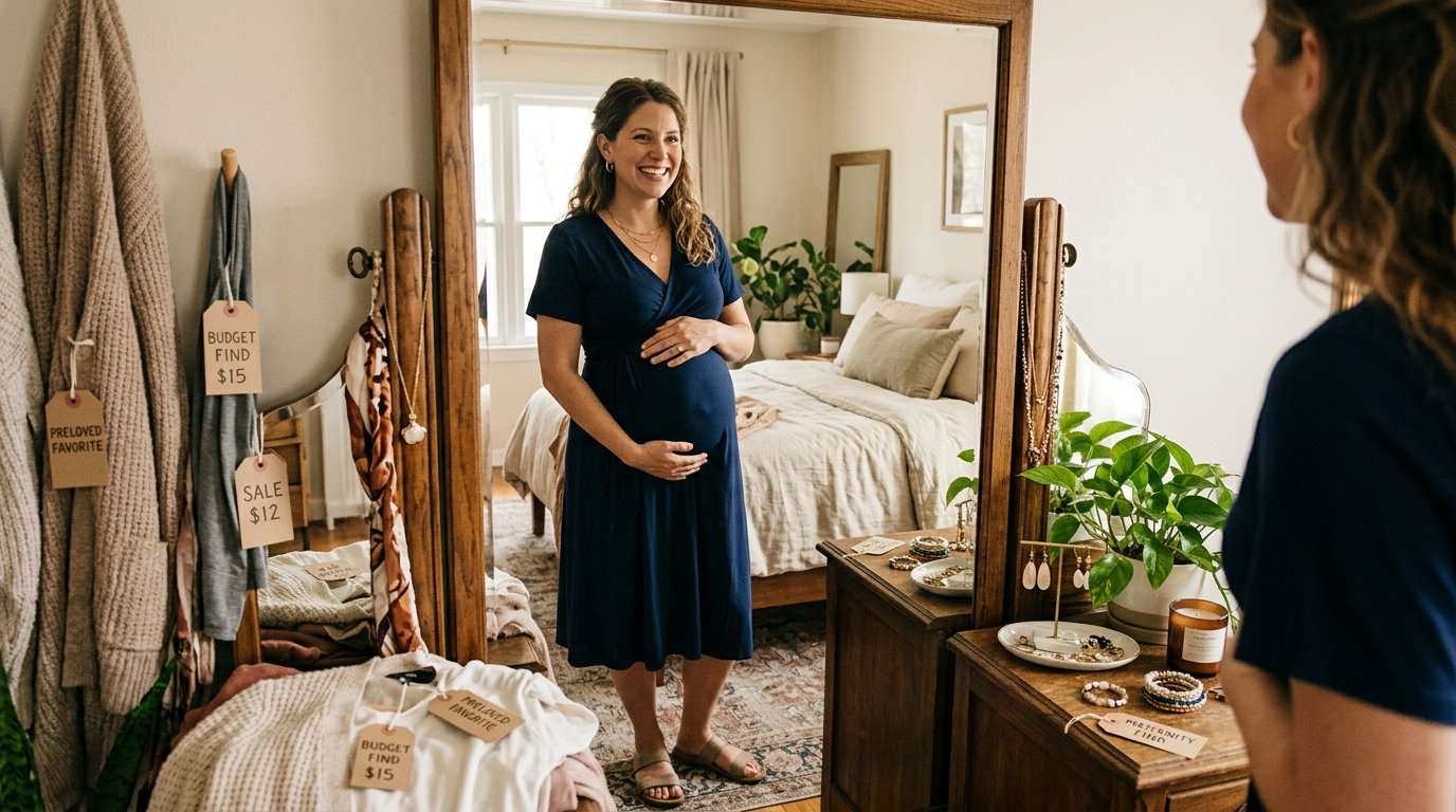 A glowing pregnant woman smiling warmly while posing for a professional maternity photoshoot.