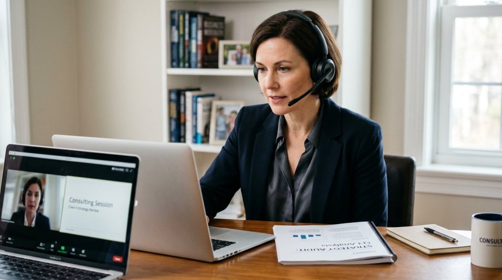 A man and a woman in business attire participating in a professional virtual consulting video call.