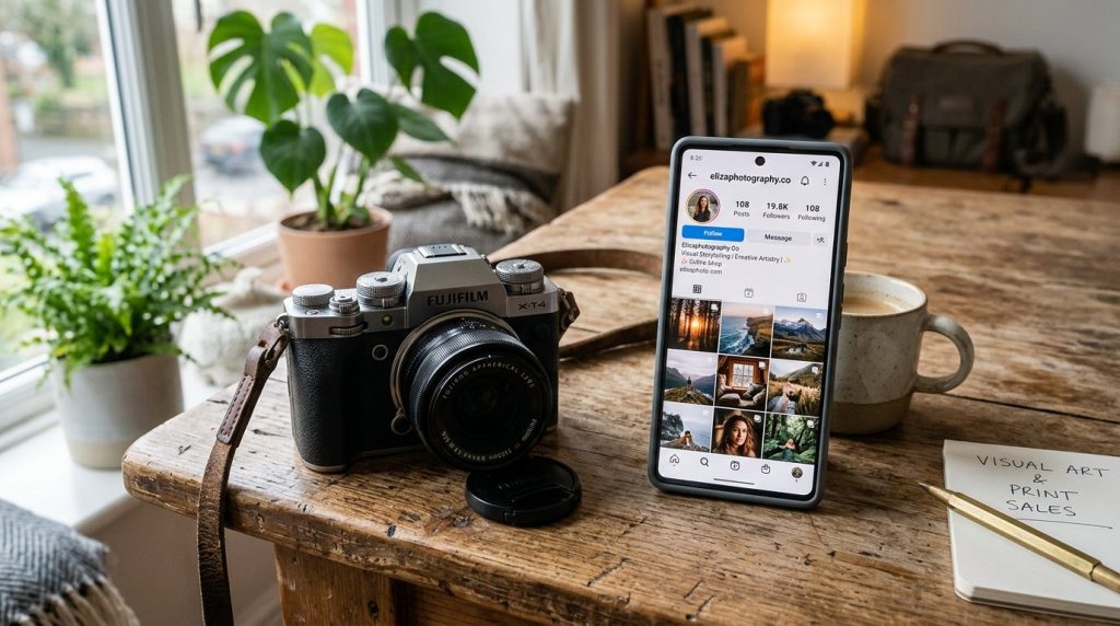 A professional DSLR camera placed next to a modern smartphone on a clean studio desk.