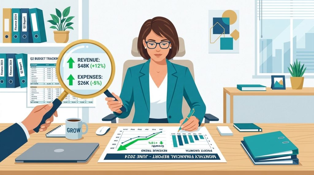 A focused professional carefully reviewing important financial documents at a desk in a bright, modern office.