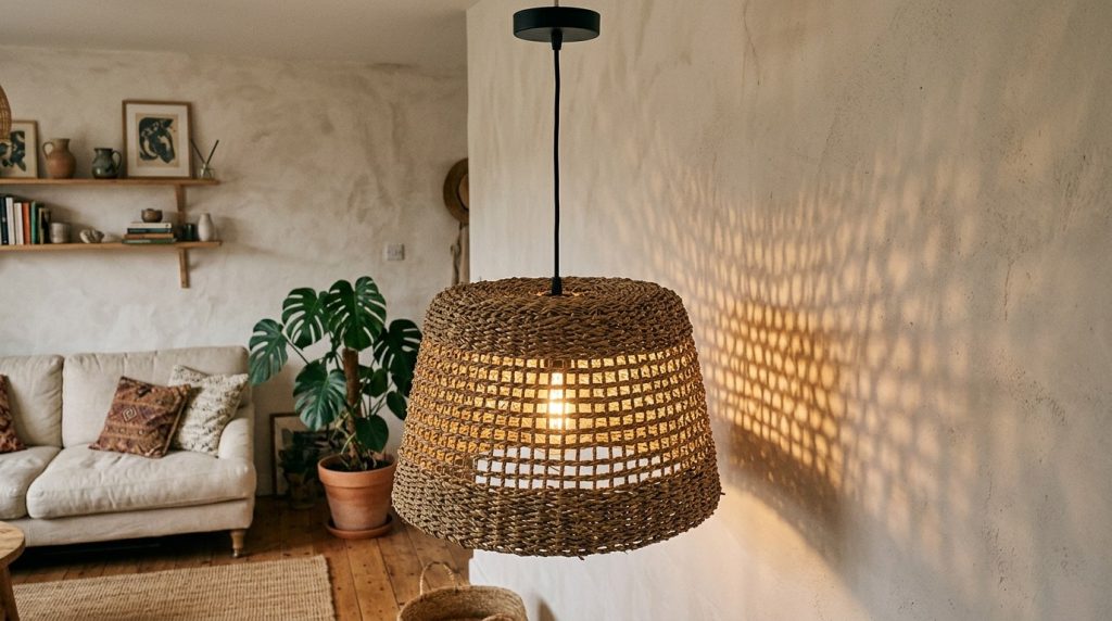 A woven rattan pendant light glows in a cozy living room, casting intricate lattice shadows onto a textured wall.
