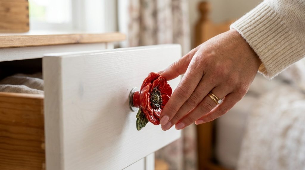 A hand with a gold ring reaches for a red poppy-shaped ceramic knob on a white wooden dresser drawer.