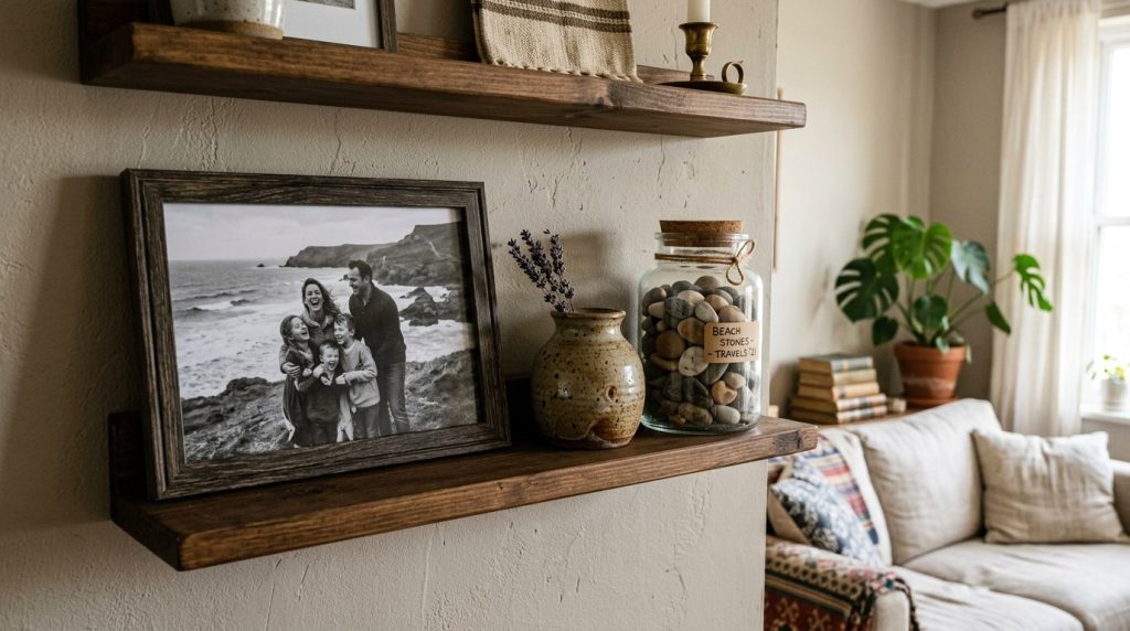 Rustic wooden wall shelves featuring a black and white family portrait, dried lavender, and a jar of beach stones.
