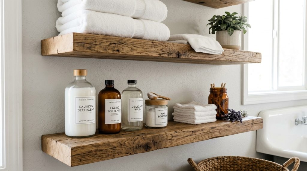 Rustic reclaimed wood shelves holding laundry detergent bottles, white towels, and a potted plant in a bright room.