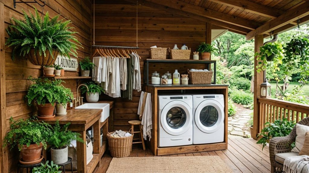 Rustic outdoor laundry area with white washer and dryer, wooden countertops, farmhouse sink, and abundant potted ferns.