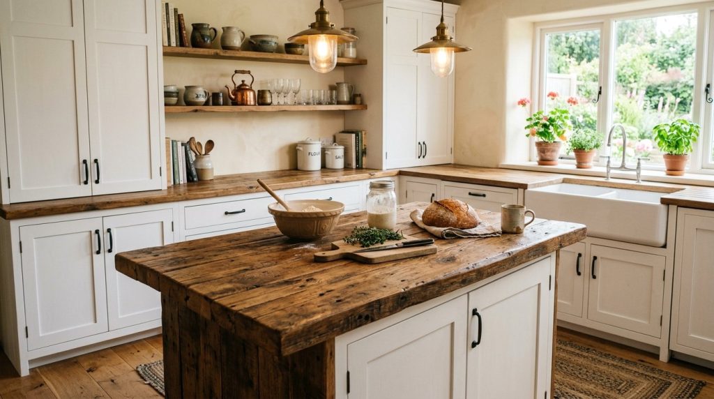 A rustic wooden kitchen countertop creating a luxurious high end aesthetic in a modern farmhouse kitchen.