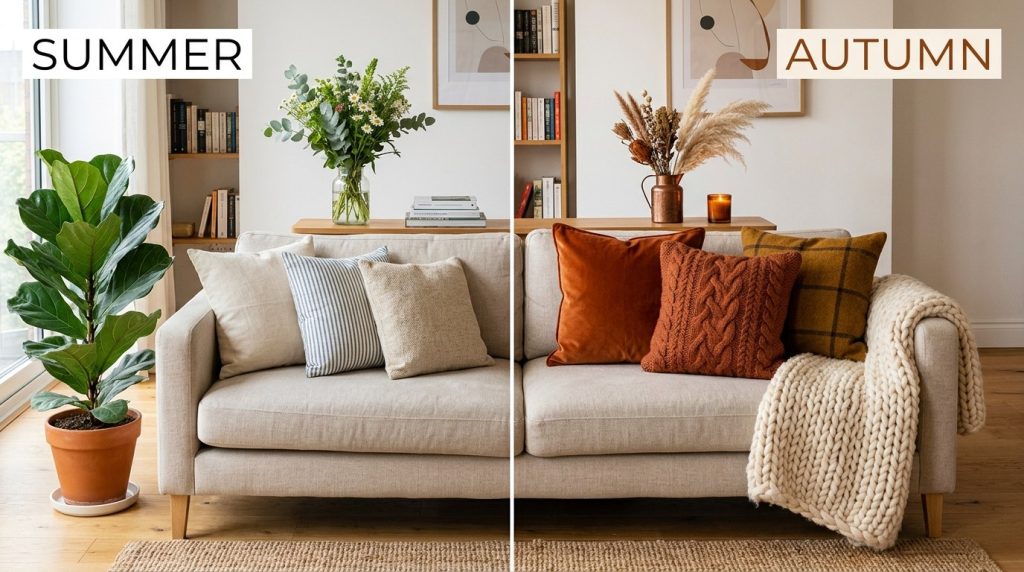 Comparison of seasonal living room decor showing a beige sofa styled with summer greens versus warm autumn tones and textures.