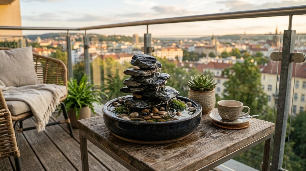 A serene balcony setting with a stone water fountain, succulent, and coffee overlooking a European city at sunset.
