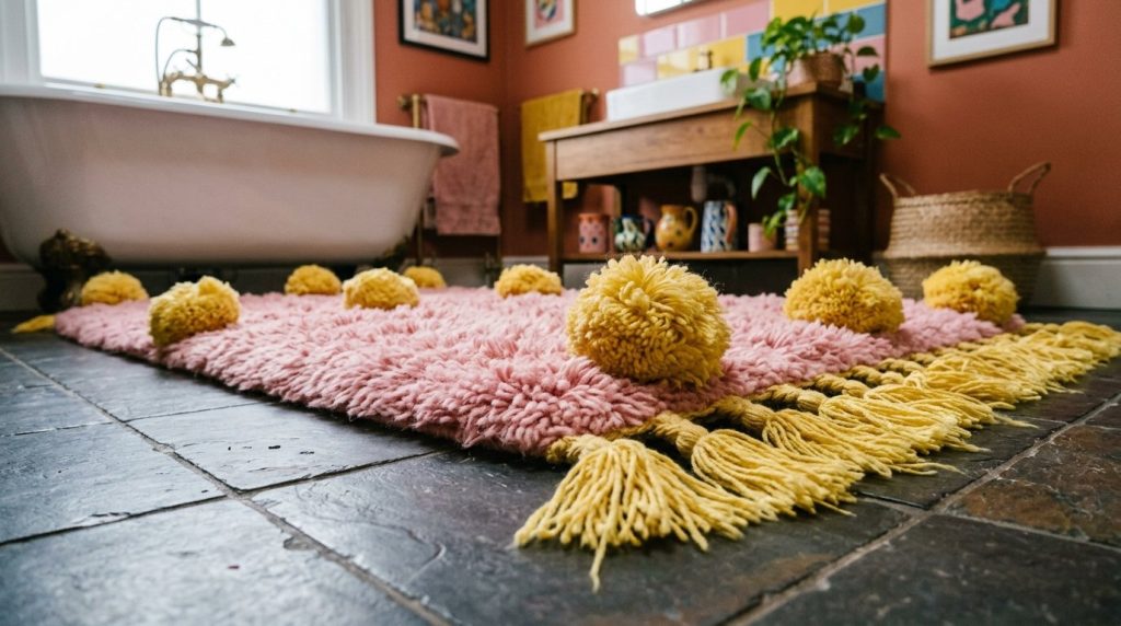 A soft pink bath mat placed on a clean white tiled bathroom floor.