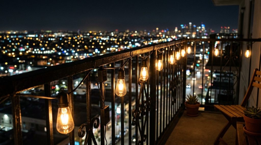 Decorative solar powered light bulbs glowing in a garden setting at midday.