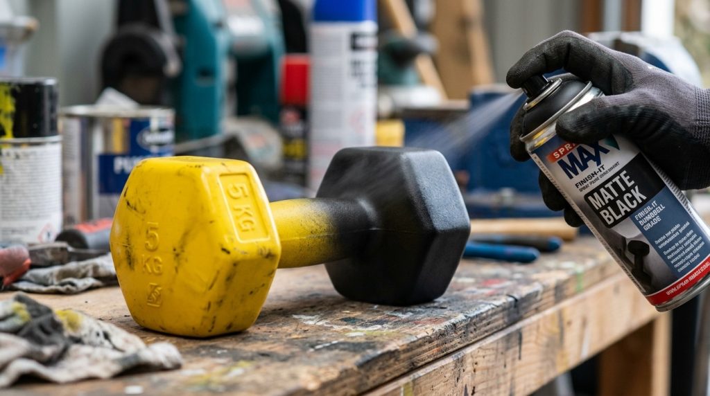 A hand in a black glove uses a matte black spray can to paint a yellow 5kg dumbbell on a cluttered wooden workbench.
