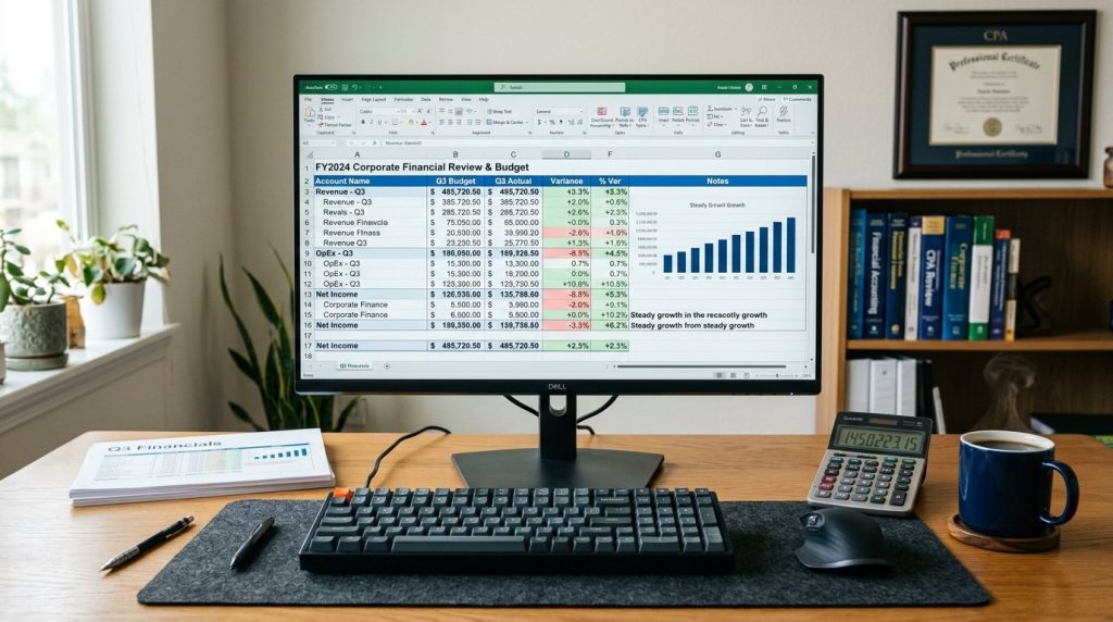 A close up view of a detailed financial spreadsheet displayed on a modern office computer monitor.