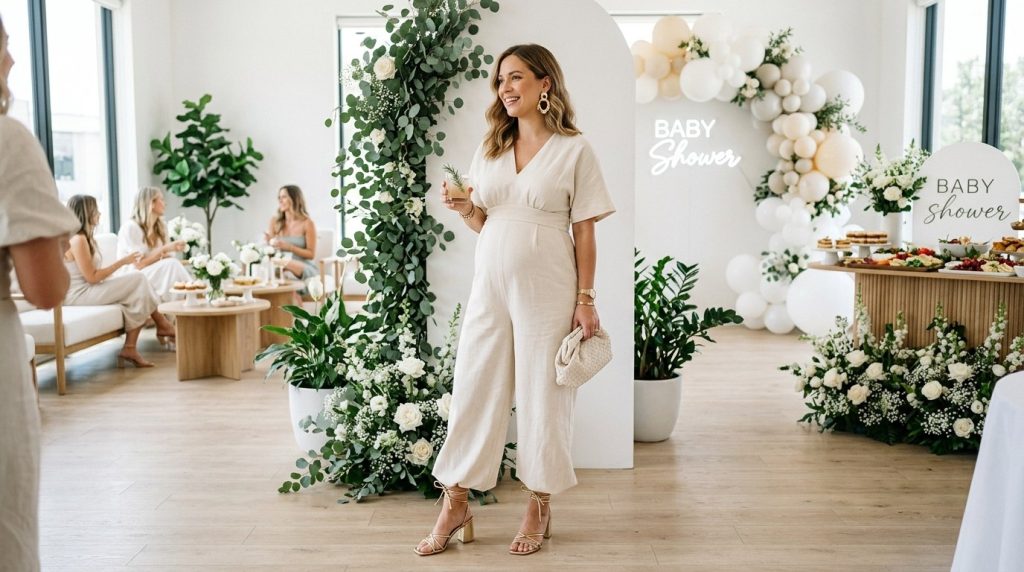 A pregnant woman in a cream jumpsuit stands at her baby shower with white floral decor and a large balloon arch.