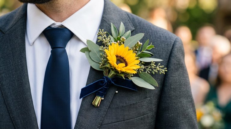 Close-up of a man's grey suit lapel featuring a bright sunflower boutonniere with eucalyptus and a navy velvet ribbon.