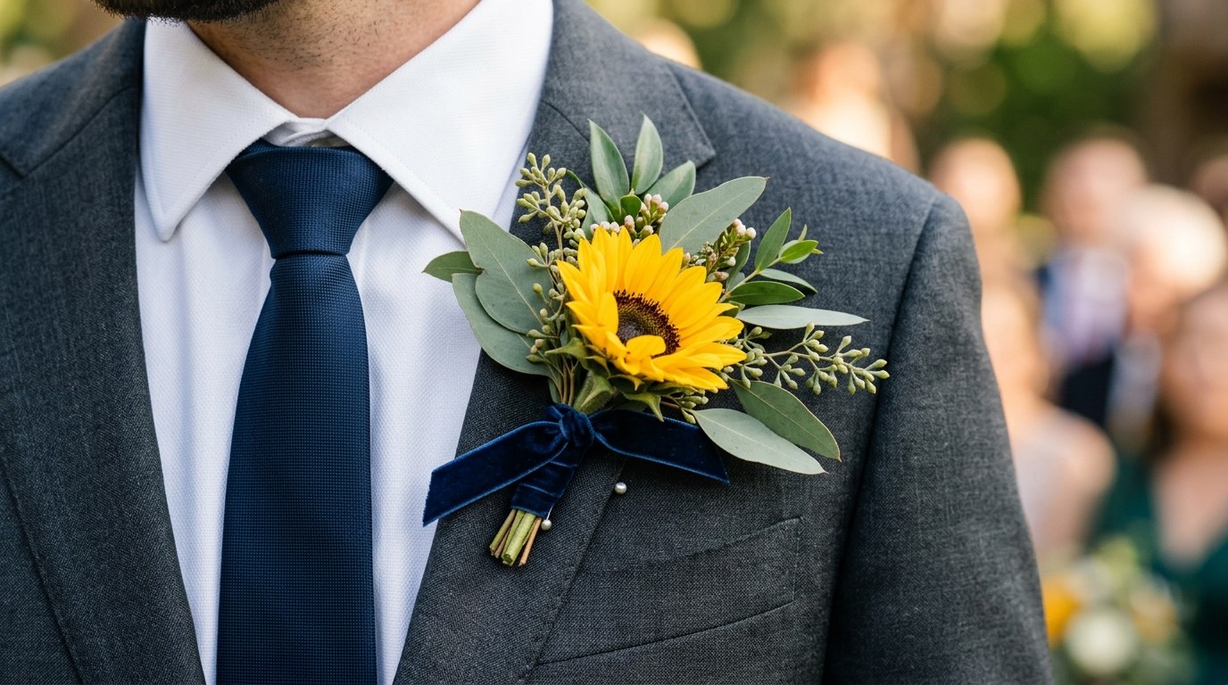 Close-up of a man's grey suit lapel featuring a bright sunflower boutonniere with eucalyptus and a navy velvet ribbon.