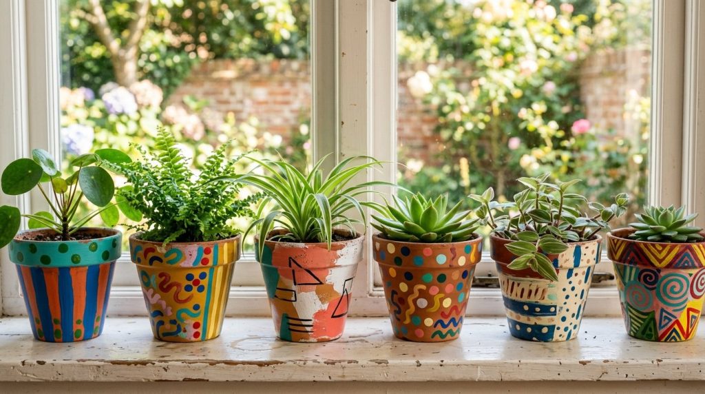 Selection of rustic terracotta plant pots arranged neatly on a wooden shelf.